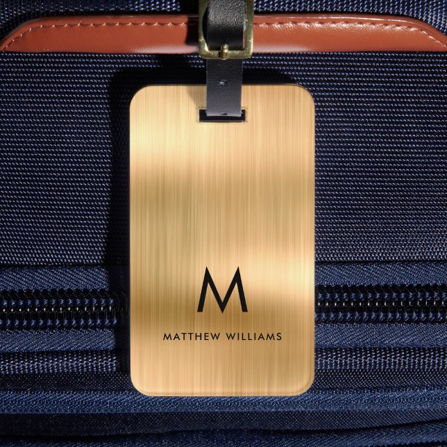 Étiquette À Bagage Monogramme Faux Or métal acier stylisé Personnalis (Créateur téléchargé)