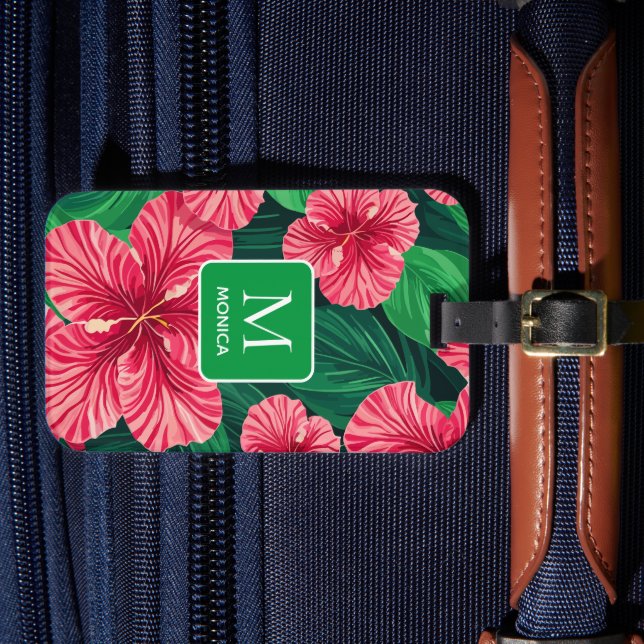 Étiquette À Bagage Monogramme Feuille de palmier Hibiscus de Hawaï tr (Insitu Rectoal 4)