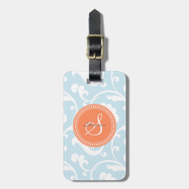Étiquette À Bagage Monogramme floral bleu-clair girly élégant de (Devant Vertical)