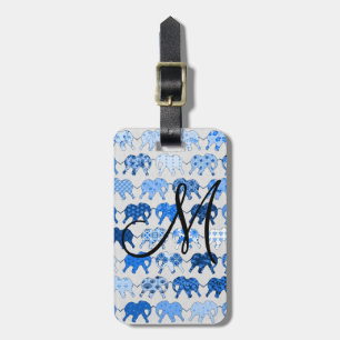 Étiquette À Bagage Monogramme floral bleu d'éléphants de motif