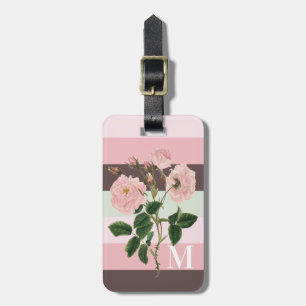 Étiquette À Bagage Monogramme floral Brown rayé rose moderne