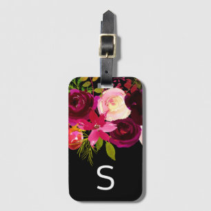 Étiquette À Bagage Monogramme floral noir de Bourgogne