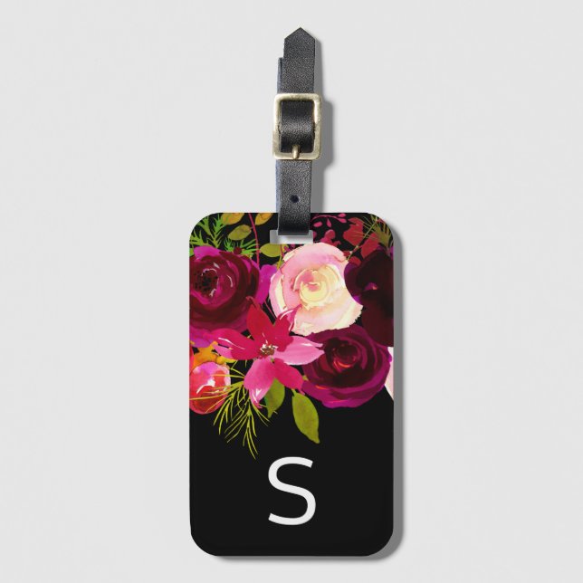 Étiquette À Bagage Monogramme floral noir de Bourgogne (Devant Vertical)