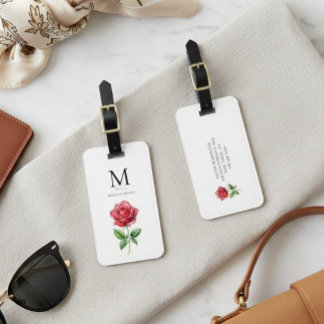 Étiquette À Bagage Monogramme Floral personnalisé Rose Rouge Élégant