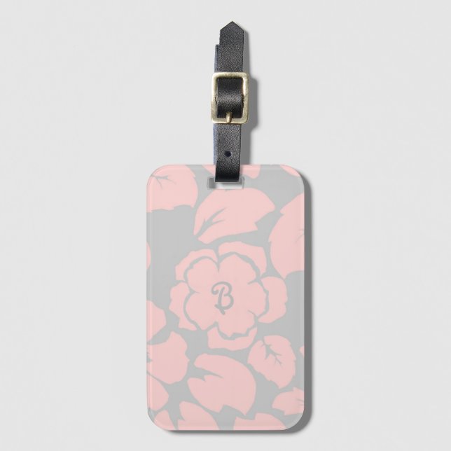 Étiquette À Bagage Monogramme floral rose et gris pastel (Devant Vertical)