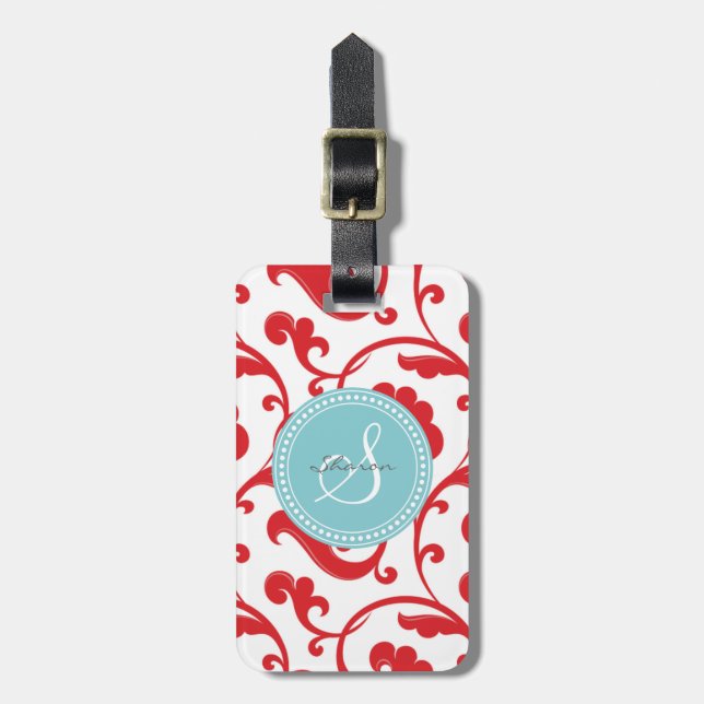 Étiquette À Bagage Monogramme floral rouge girly élégant de motif (Devant Vertical)