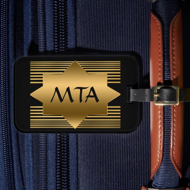 Étiquette À Bagage Monogramme géométrique noir et or personnalisé (Insitu Rectoal 4)