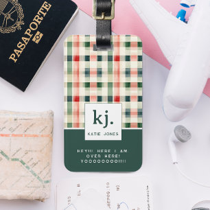 Étiquette À Bagage Monogramme Gingham Émeraude Douce