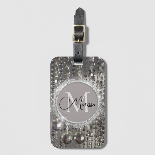 Étiquette À Bagage Monogramme Glitterie Argent perles à cordes (Devant Vertical)