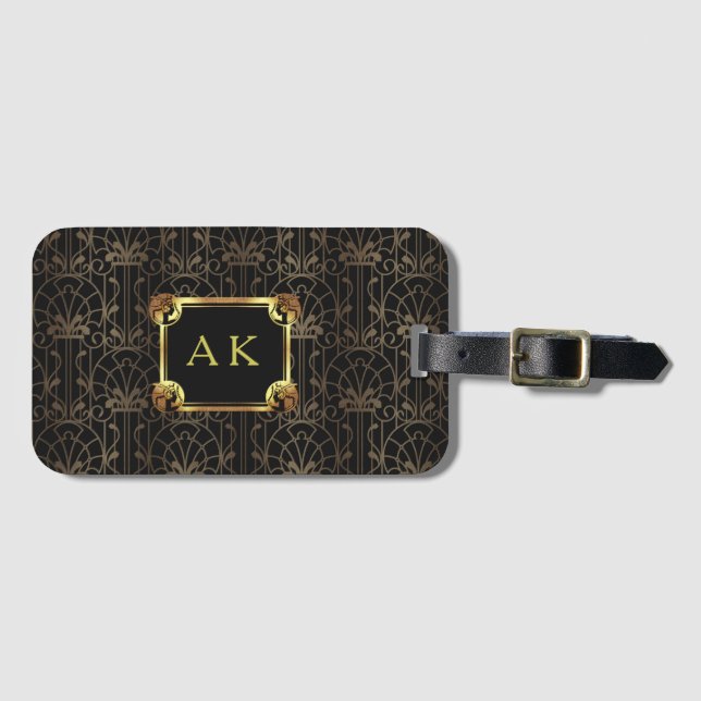 Étiquette À Bagage Monogramme Gold Black Art Déco Roaring 20s (Devant Horizontal)
