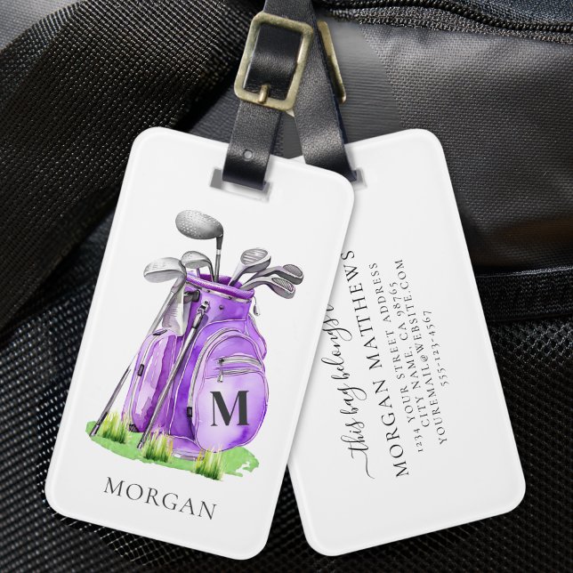 Étiquette À Bagage Monogramme Golf Violet (Purple Golfer Monogram Luggage Tag)