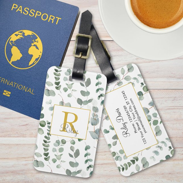 Étiquette À Bagage Monogramme Green Eucalyptus Feuille Motif de verdu (In situ)
