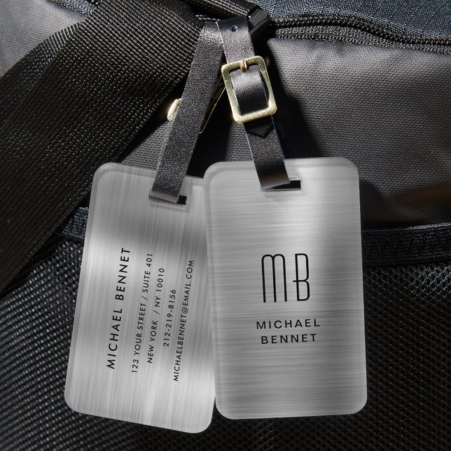 Étiquette À Bagage Monogramme Gris argenté Métallique (Monogram Silver Gray Brushed Metallic Luggage Tag)