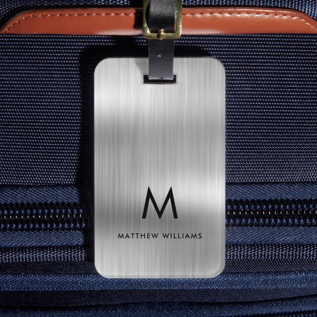 Étiquette À Bagage Monogramme gris clair Faux métal acier stylisé per (Créateur téléchargé)