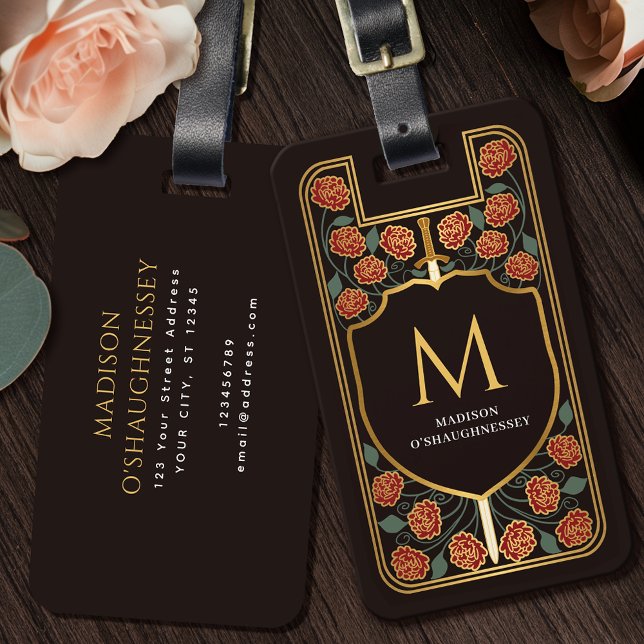 Étiquette À Bagage Monogramme Imaginaire médiéval Red Sword Shield (Créateur téléchargé)