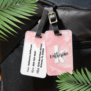Étiquette À Bagage Monogramme Initial Aquarelle Rose