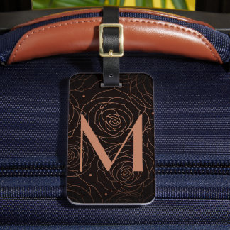 Étiquette À Bagage Monogramme Initial Fleurs Sombres Saumon Doré