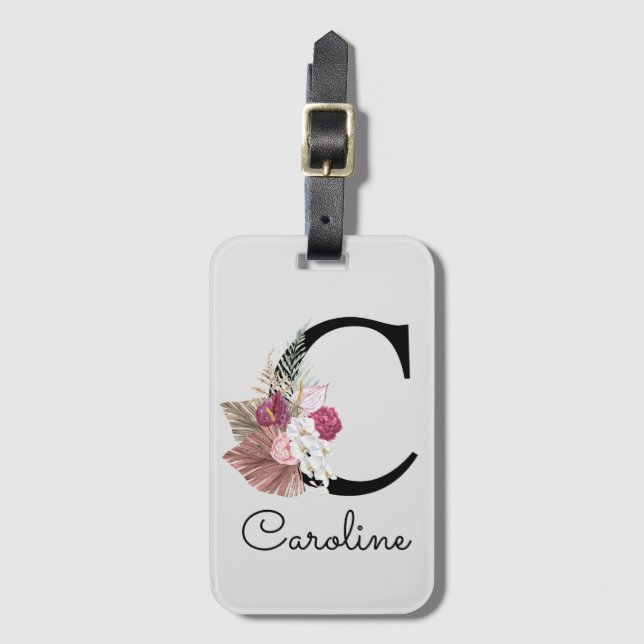 Étiquette À Bagage Monogramme Initiale C Rose Boho Girly Floral (Devant Vertical)