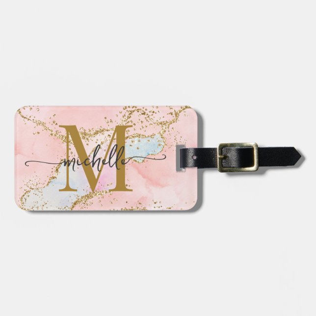 Étiquette À Bagage Monogramme Initiale Script en Agate Rose Pâle Élég (Devant horizontal)