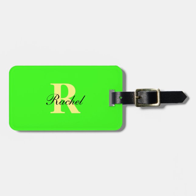 Étiquette À Bagage Monogramme Initiales Nom Modèle Neon Green Cadeau (Devant horizontal)