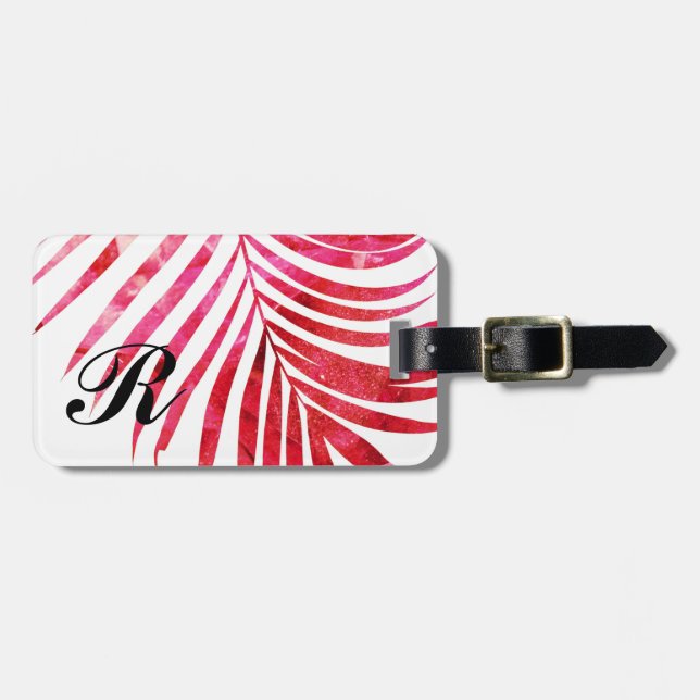 Étiquette À Bagage Monogramme Initiales Nom Palm Tree Leaf Pink Girl (Devant horizontal)