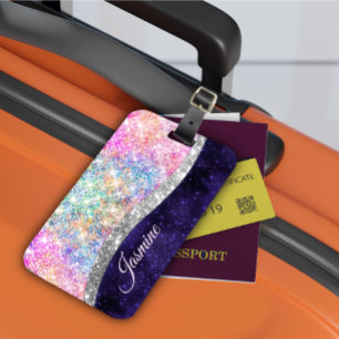 Étiquette À Bagage monogramme irisé de fausse parties scintillant vio