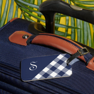 Étiquette À Bagage Monogramme Marine Bleu Blanc Buffle Vérifier géomé