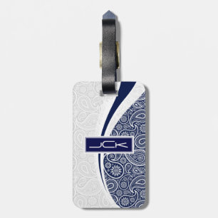 Étiquette À Bagage Monogramme Marine Bleu Et Blanc Vintage Paisley