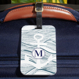 Étiquette À Bagage Monogramme marine et Ancre blanche