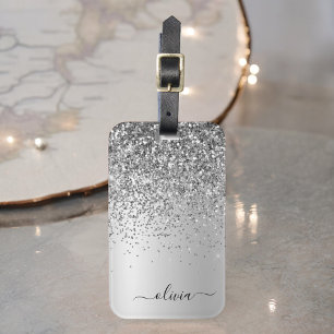 Étiquette À Bagage Monogramme métallisé pailleté argent Nom