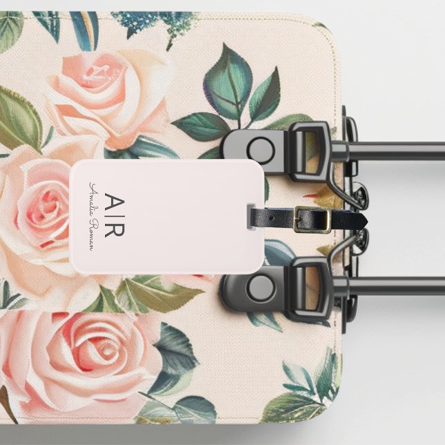 Étiquette À Bagage Monogramme minimal initial et nom Pastel rose (Créateur téléchargé)