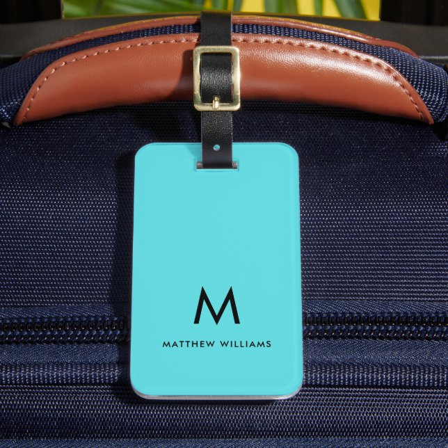 Étiquette À Bagage Monogramme minimal Turquoise moderne personnalisé (Insitu Rectoal 2)