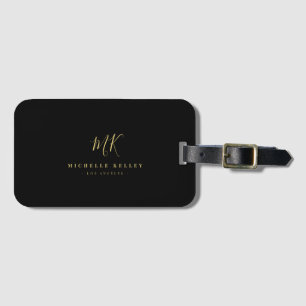 Étiquette À Bagage Monogramme minimaliste noir or élégant Script