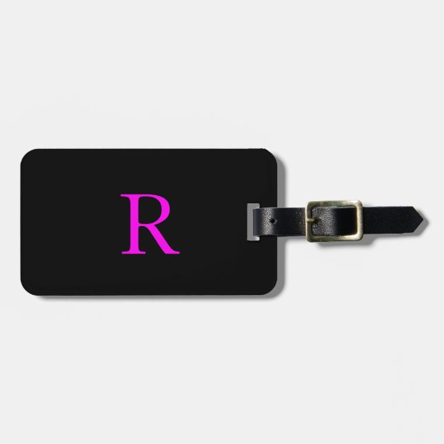Étiquette À Bagage Monogramme Modèle Cute Nom initial Black Hot Pink (Devant horizontal)