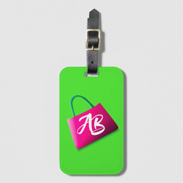 Étiquette À Bagage Monogramme moderne amusant brillant vert rose (Devant Vertical)