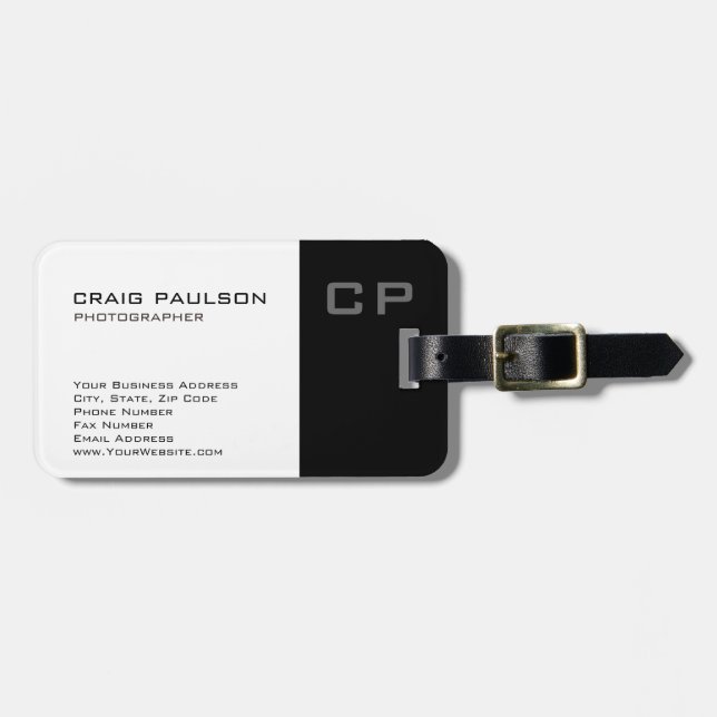 Étiquette À Bagage Monogramme moderne Carte de visite noir blanc (Devant horizontal)