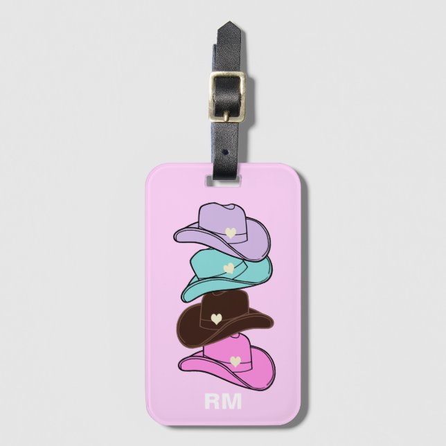 Étiquette À Bagage Monogramme Moderne Casquette Cowboy Pile rose (Devant Vertical)