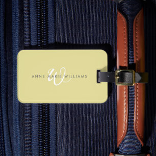 Étiquette À Bagage Monogramme moderne Chartreuse blanc en écriture cu