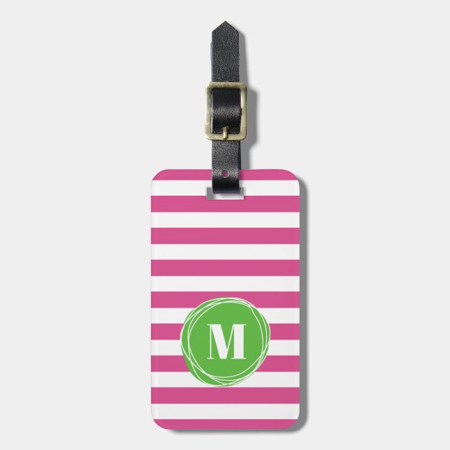 Étiquette À Bagage Monogramme Moderne De Grandes Vertes Et Roses (Devant Vertical)