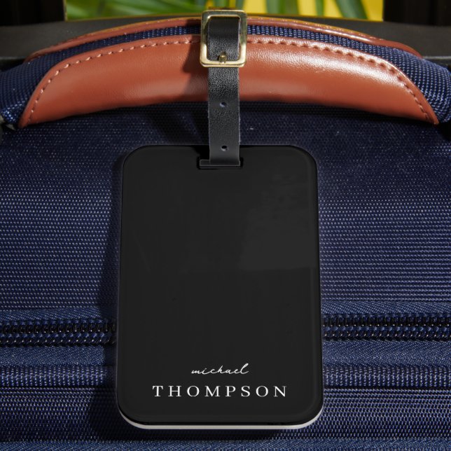 Étiquette À Bagage Monogramme moderne de nom noir et de script (Insitu Rectoal 2)