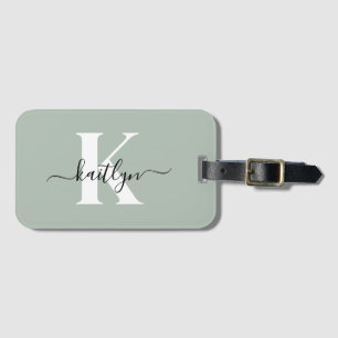 Étiquette À Bagage Monogramme Moderne de Vert Sauge en Écriture