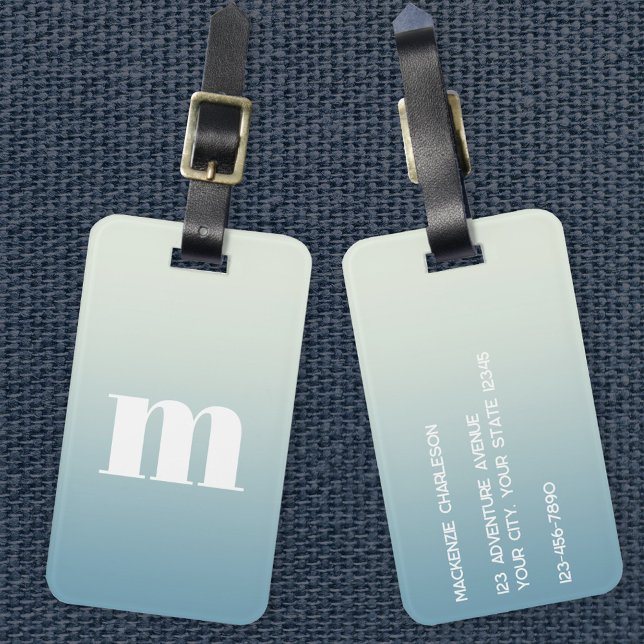 Étiquette À Bagage Monogramme moderne Dégradé bleu initial (Simple modern monogram personalized teal aqua gradient luggage tag)