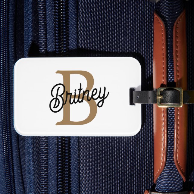 Étiquette À Bagage Monogramme moderne élégant Nom Black Gold Script (Insitu Rectoal 4)