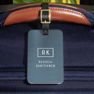 Étiquette À Bagage Monogramme moderne en métal brossé bleu marine