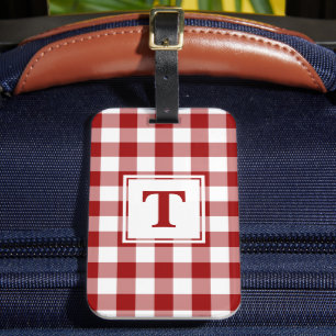 Étiquette À Bagage Monogramme moderne En vichy rouge et blanc Motif
