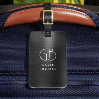 Étiquette À Bagage Monogramme moderne Gris Noir Brossé Glam Metallic