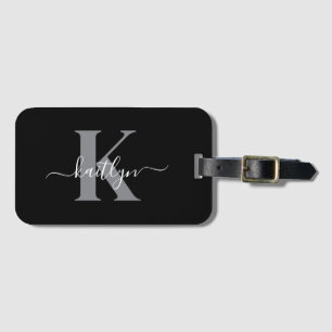 Étiquette À Bagage Monogramme moderne gris noir en écriture