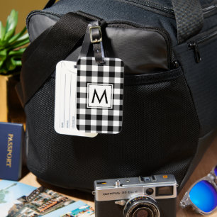 Étiquette À Bagage Monogramme moderne noir et blanc En vichy Motif