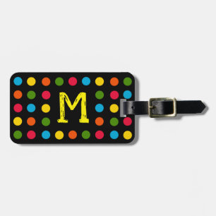 Étiquette À Bagage Monogramme Moderne Noir Multicolore Pointe Polka