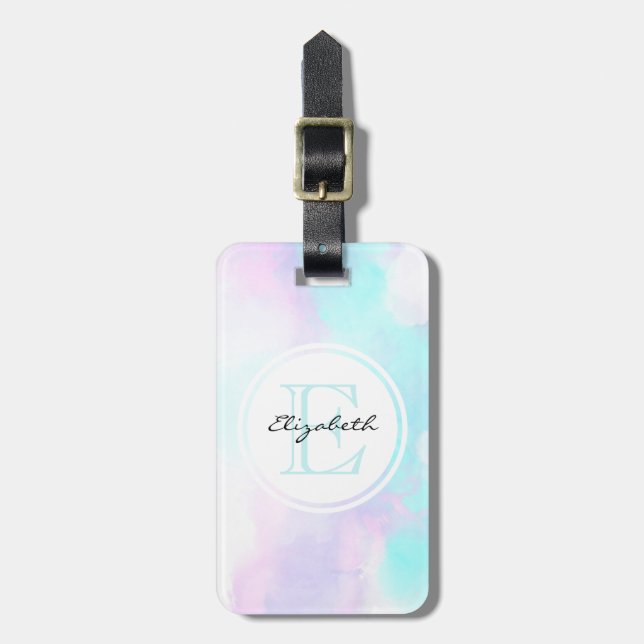 Étiquette À Bagage Monogramme moderne Pastel Blue & Purple Aquarelle (Devant Vertical)